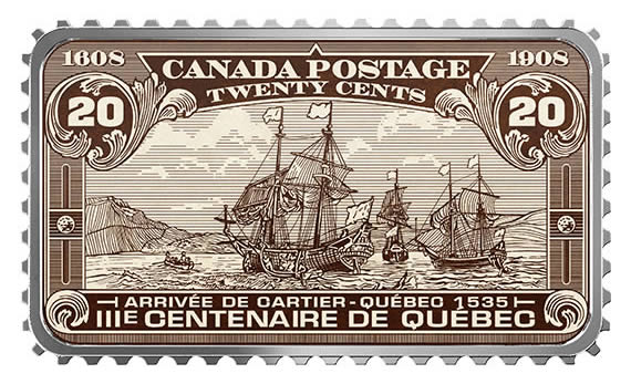 RCM-New-Release:-2018-1-Oz-Silver-Coin---Canada's-Historical-Stamps:-Arrival-Of-Cartier,-Quebec-1535
